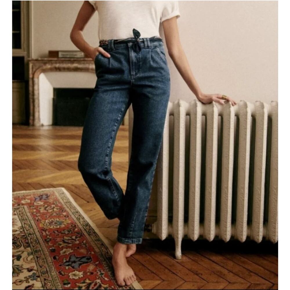 Sezane Manu Denim Trouser Jeans Slouchy Straight Barrel Leg Pintuck Size 10